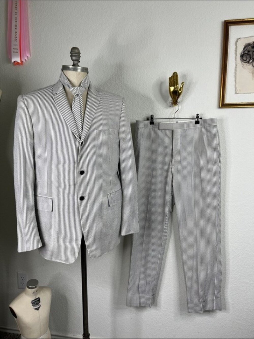 Thom Browne Classic Seersucker 3 Button Suit w Backstrap Tousers + Tie